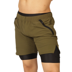 Gigo sporty green short olive green athletic shorts with black elastic waistband and zippered side pocket inner lining