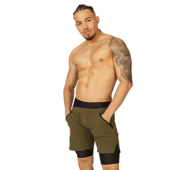 Olive green gigo sporty athletic shorts with black waistband and inner lining designed for active wear