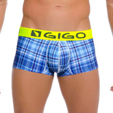 Blue plaid boxer briefs with bright yellow gigo waistband in size L from the Gigo SQUARE Short Boxer Underwear line