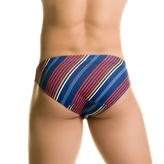 Gigo Streak swim brief in blue with diagonal red yellow white and light blue stripes for swimming and beachwear