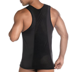 Back view of gigo stretch black athletic tank top with breathable mesh panel for enhanced ventilation and comfort