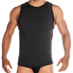 Black athletic tank top gigo stretch with mesh shoulder panels for breathable performance wear