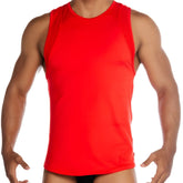 Vibrant red gigo stretch sleeveless athletic tank top with breathable mesh detailing along the shoulders