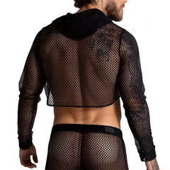 Black mesh hooded crop top gigo striking croop top with tight see-through pattern and breathable fabric
