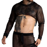 Gigo striking crop top black mesh long-sleeved with hood and solid black trim at cuffs