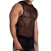 Black mesh sleeveless gigo striking hoody tshirt with high neckline and solid black trim along edges