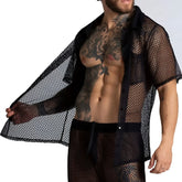 Black mesh gigo striking shirt with button-front design and short sleeves for casual wear