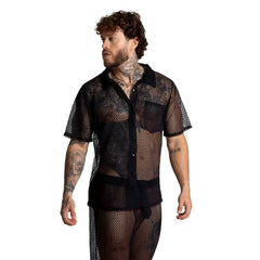 Black mesh short-sleeved button-down shirt with lace detailing from the Gigo Striking Shirt collection