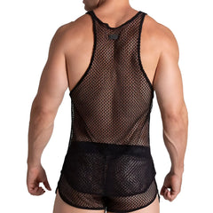 Black mesh gigo striking tank top with sheer patterned design and solid black trim on front side