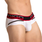 White men’s briefs with bold red and black elastic waistband featuring ogigo logo gray lettering gigo style white brief