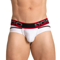 White men’s briefs with a red and black ogio elastic waistband from the gigo style white brief collection