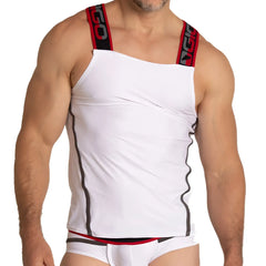 Gigo style white men’s tank top with red and black trim along straps sides and waistband in a breathable fabric