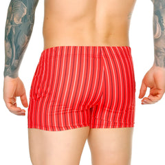 Red striped swim trunks with black and white vertical pinstripes from gigo sultan red beachwear collection