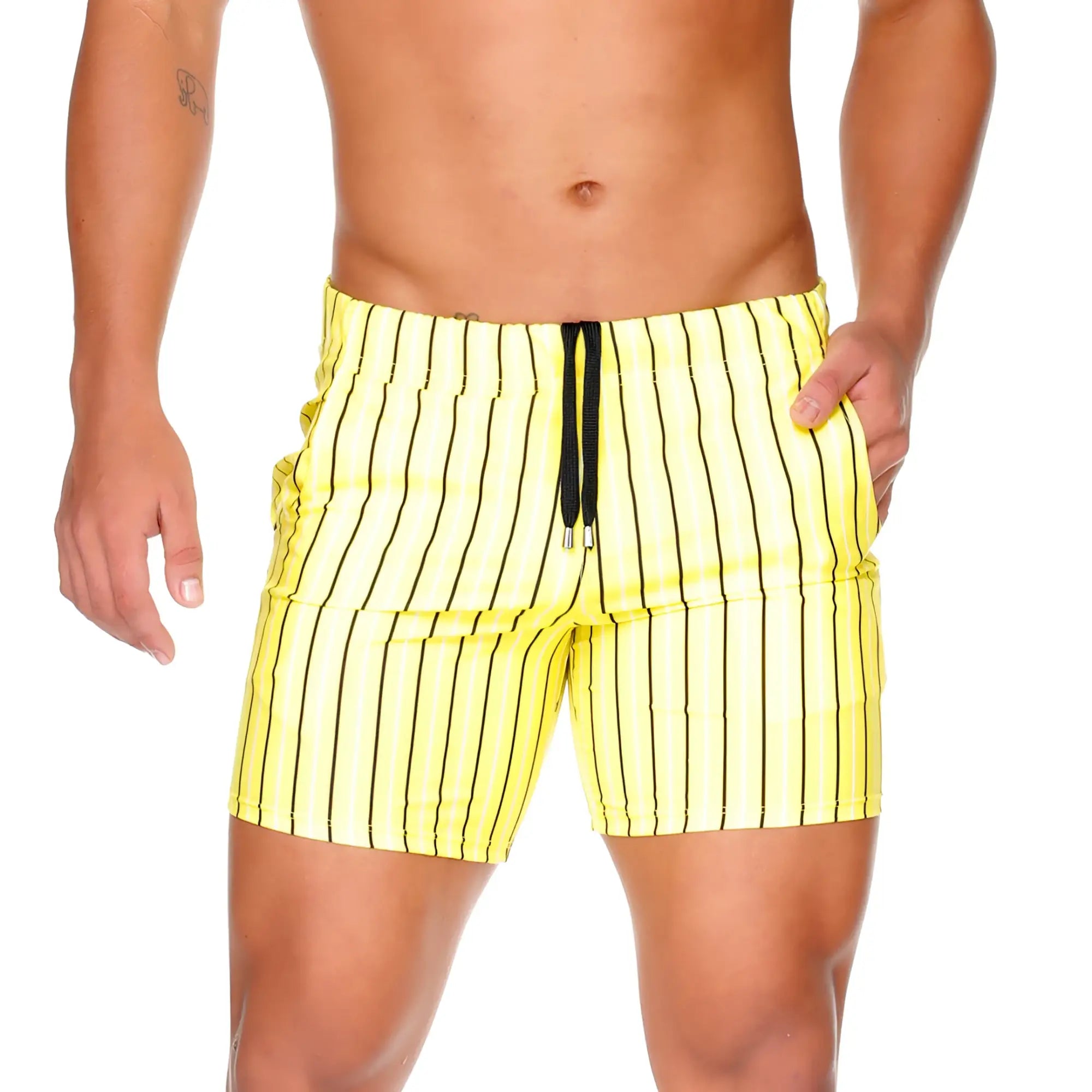 Bright yellow Gigo Sultan swim trunks with bold black vertical stripes and a matching drawstring waistband for beachwear