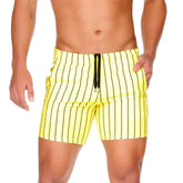 Bright yellow Gigo Sultan swim trunks with bold black vertical stripes and a matching drawstring waistband for beachwear