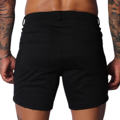 Form-fitting black denim shorts featuring a classic five-pocket design, belt loops, and a clean, minimalist back.