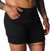 Fitted black denim-style shorts with a button closure, front pockets, and a clean, minimalist design.