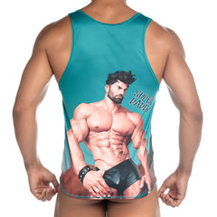 Teal Gigo Super Daddy tank top featuring a printed muscular man illustration and super daddy text on front