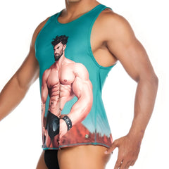 Teal muscle tank top with bearded muscular man illustration and studded wristband print in desert from Gigo Super Daddy