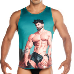 Teal Gigo Super Daddy Blue tank top featuring a muscular man illustration with black shorts and super daddy text on arm