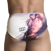 White swim trunks with a printed muscular man and super daddy text on the side from gigo super daddy brief