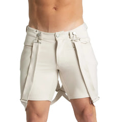 Cream-colored leather gigo suspenders beige shorts with silver-toned metal buckles and straps front view