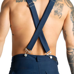 Navy blue cross-back Gigo Suspenders blue short with silver metal clasps and adjustable buckles shown from the back side