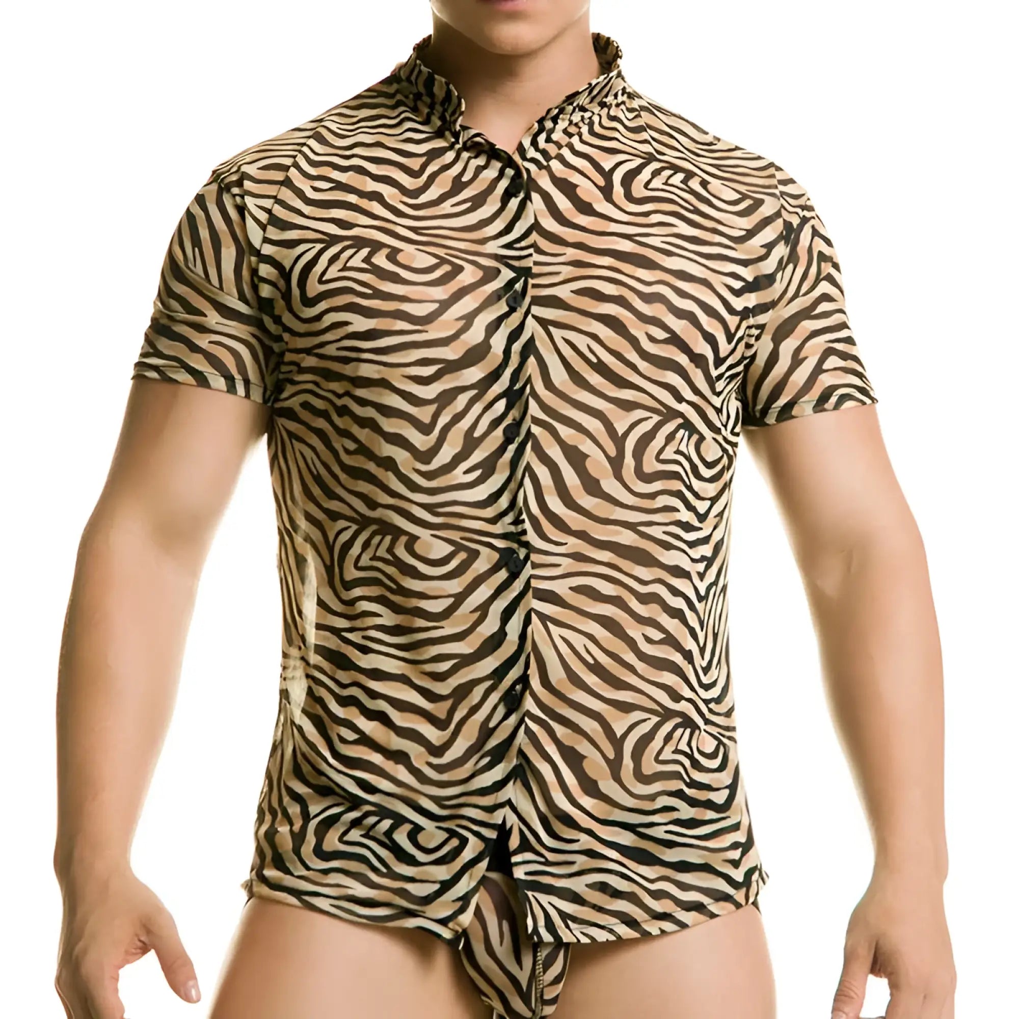 Gigo tiger short sleeved shirt size L with bold black and beige zebra stripe pattern button up design