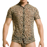 Gigo tiger short sleeved shirt size L with bold black and beige zebra stripe pattern button up design
