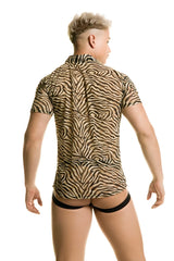Gigo TIGER short sleeved shirt size L with bold black and beige zebra stripe pattern and fitted design