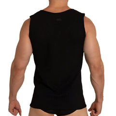 Black sleeveless gigo tissue tank top with rounded neckline and fitted cut for a sleek casual look