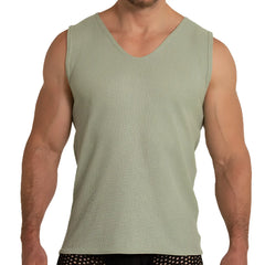Men’s olive green ribbed knit sleeveless tank top with v-neckline from Gigo Tissue Green Tank collection