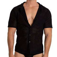 Gigo Tramell shirt black perforated short sleeve button up shirt with collar for casual wear