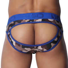 Blue camo print open-back jockstrap with a branded elastic waistband and blue trim details.