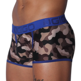 Camo print men's trunk with blue logo waistband, blue trim, and a front zipper detail.