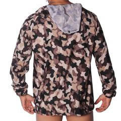 Gigo Trend hooded jacket in a tan, brown, and black camouflage print with a smooth, lightweight performance fabric.
