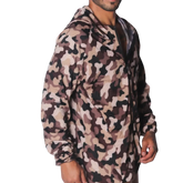Gigo Trend Jacket in beige and brown camouflage print, featuring a lightweight windbreaker style with a hood and zip.