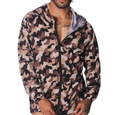 Lightweight camouflage zip-up hoodie jacket in brown and tan tones with a slim fit and elastic cuffs.
