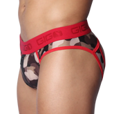 Red camo-print jockstrap with a wide, red elastic branded waistband and red piping trim.