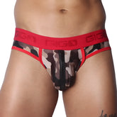 Camo print jockstrap with a front vertical zipper, red trim, and a branded red elastic waistband.