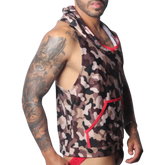 Sleeveless camo print hoodie with red trim and a front pocket, worn by a man with arm tattoos.