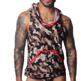 Brown camouflage sleeveless hooded T-shirt featuring a kangaroo pocket with vibrant red trim.