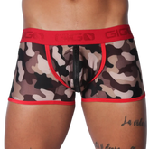 Camouflage print trunk with red trim, logo waistband, and a center-front zipper closure.