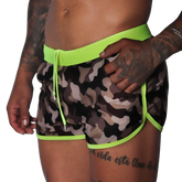 Short, camouflage-print athletic beach shorts with neon yellow waistband, drawstring, and trim accents.
