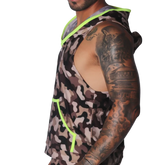 Sleeveless camouflage hoodie in brown and grey with bright neon yellow trim and hood lining.
