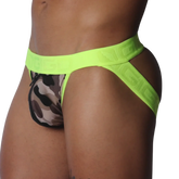 Neon yellow jockstrap with camo print pouch, zipper detail, and branded elastic waistband.