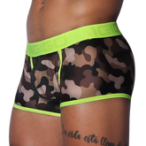 Camouflage print trunk with sheer mesh fabric, neon yellow trim, logo waistband, and front zipper detail.