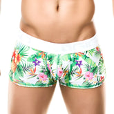 Gigo tropic boxer underwear size m featuring white tropical print briefs with green leaves pink and orange flowers