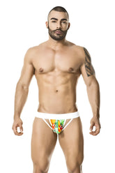 Gigo TROPIC jock strap underwear size M with white tropical fruit-patterned briefs in vibrant colorful design