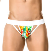 White Gigo tropic jock strap underwear size M with vibrant pineapple print and tropical leaves and red flowers